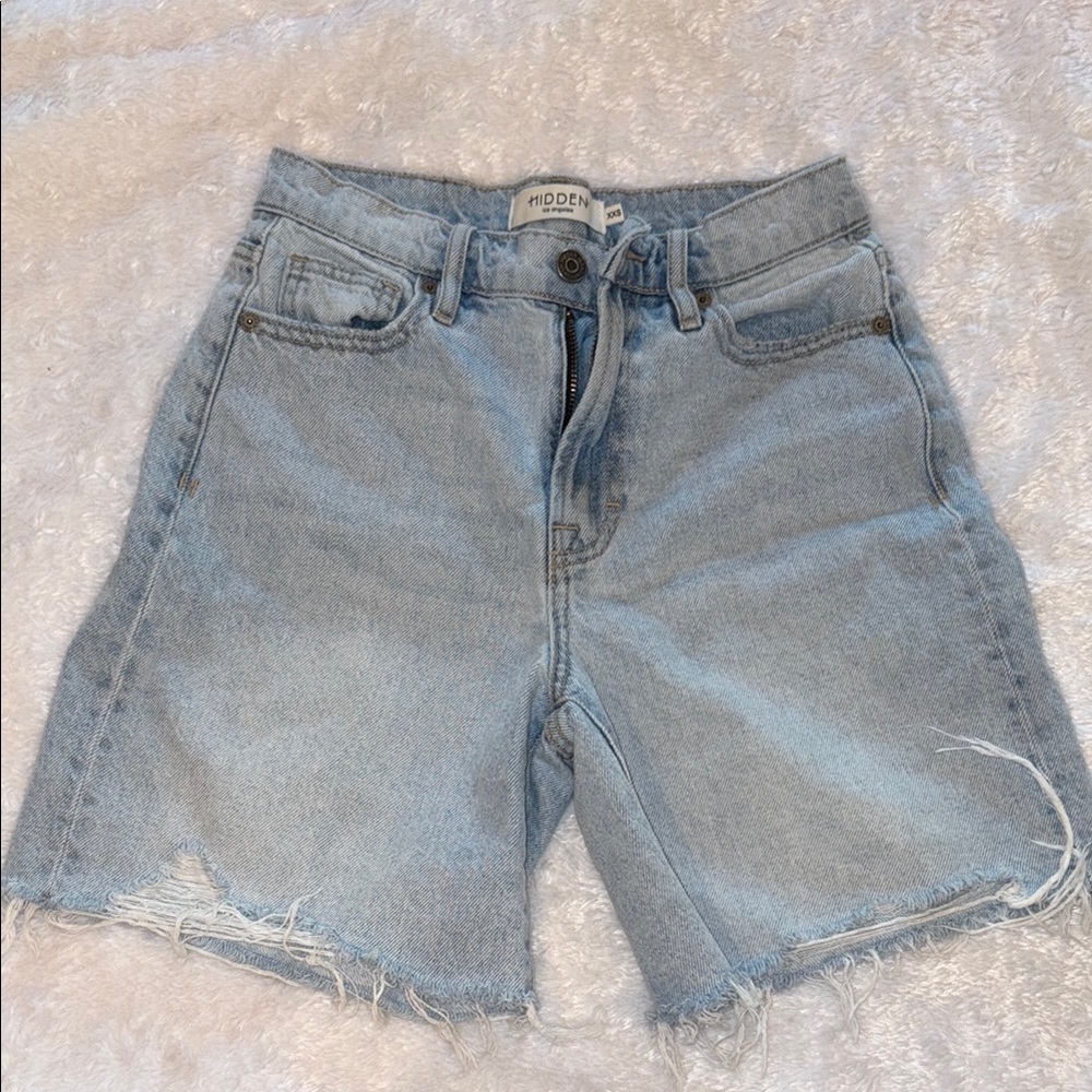 Blue Jean Shorts with Distressed Hems